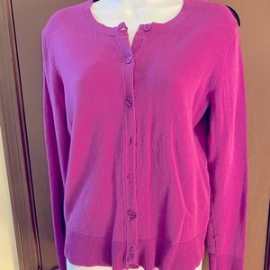 Almost fuchsia colored button up cardigan that looks so good with black pants